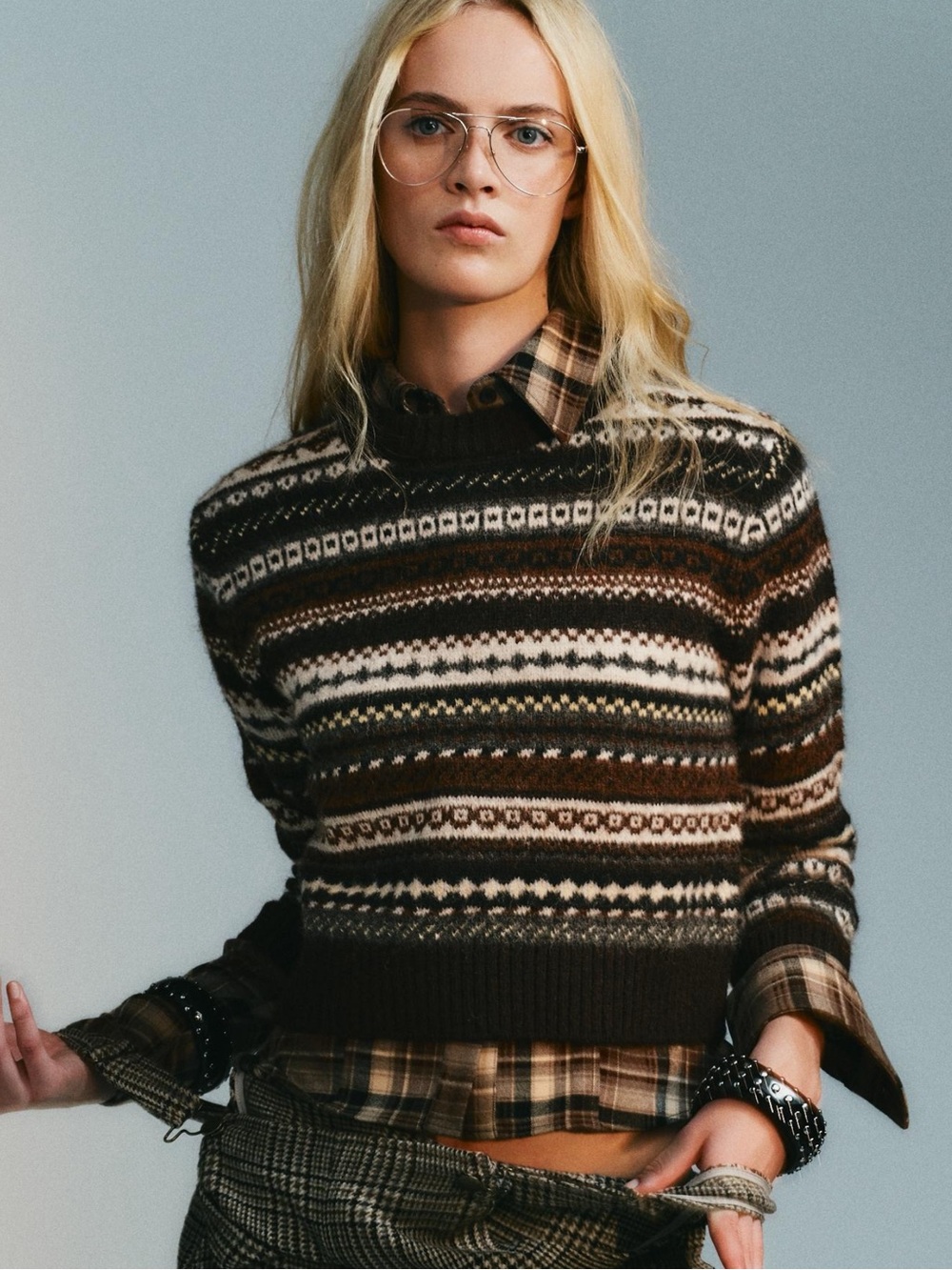 NWOT Zara Brown, Cream & Black Fair Wool-Blend Crewneck Sweater